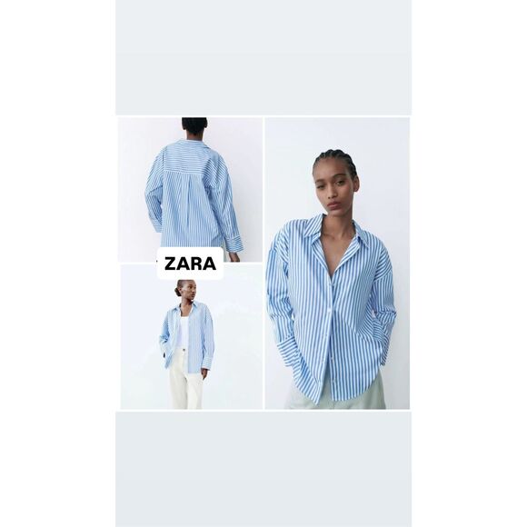 ZARA Blue & White Oversized Striped Button Down Shirt Size S - Picture 2 of 9
